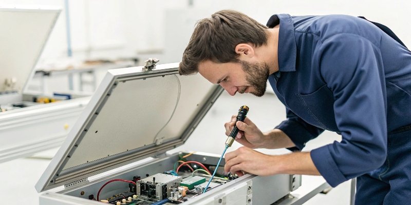 Inspecting a Digital Scale Sensor A technician inspecting the internal sensor of an industrial scale.