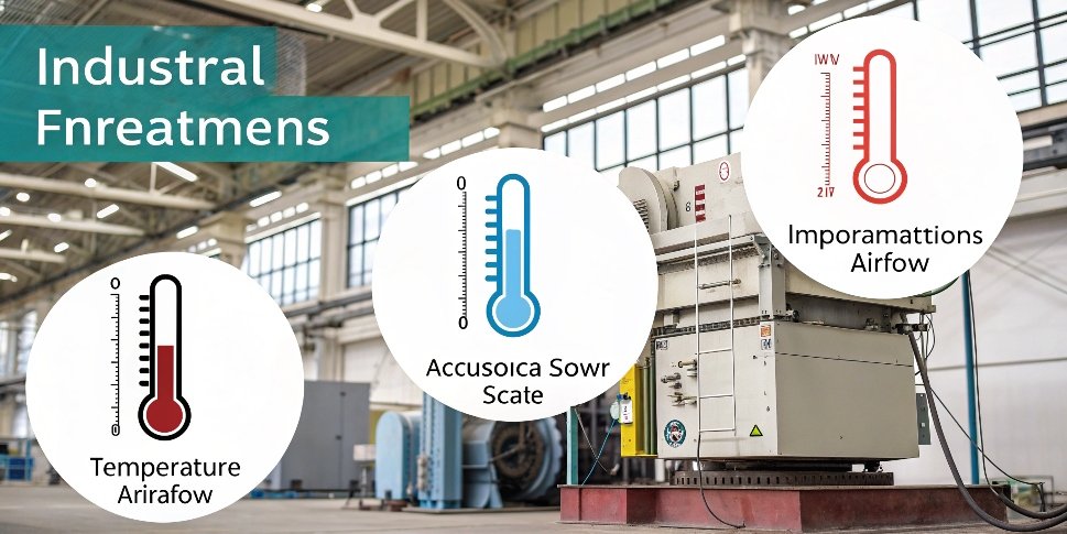 alt text: Infographic showing icons for temperature, vibration, and airflow pointing towards an industrial scale.