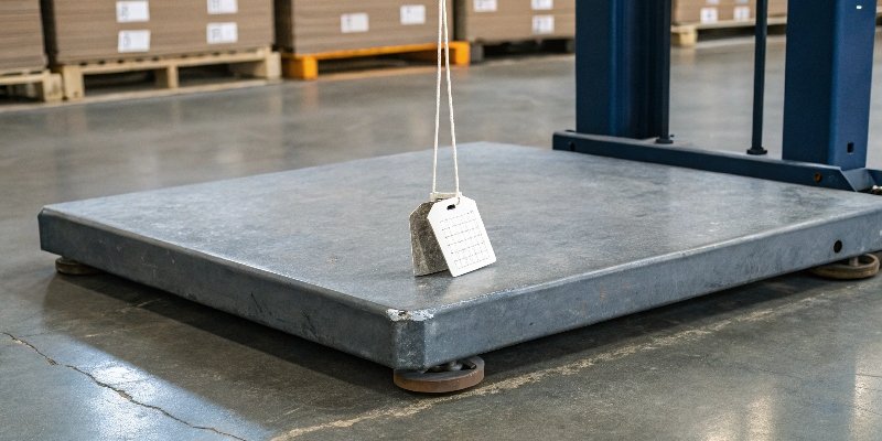 Cost of a NIST Calibration Certificate A price tag hanging from a new industrial floor scale with a separate, smaller tag for a NIST certificate.