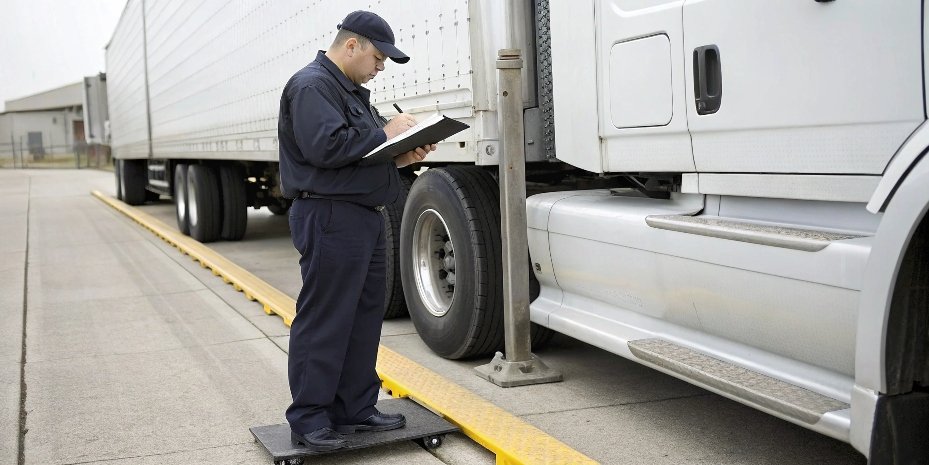A compliance officer checking documents next to a truck, symbolizing legal adherence