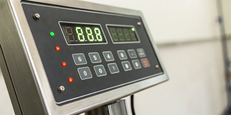 A close-up of a digital display on an industrial weighing terminal