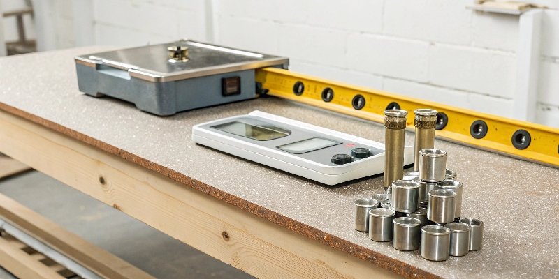 Scale Calibration Setup A clean, stable workbench with a digital scale, a set of calibration weights, and a bubble level.