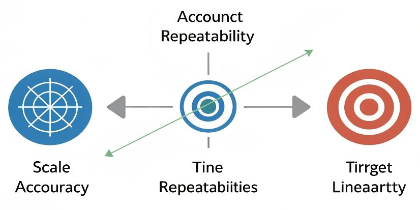 An infographic comparing the concepts of scale accuracy, repeatability, and linearity using target graphics