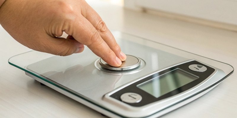 Setting True Zero A finger pressing the 'Zero' button on a digital scale