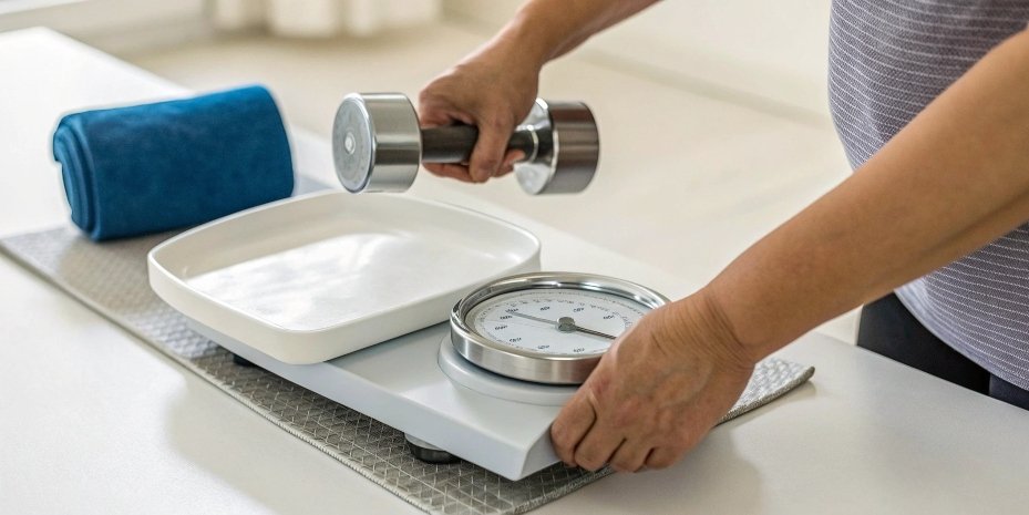 A person placing a certified weight on a digital scale for calibration