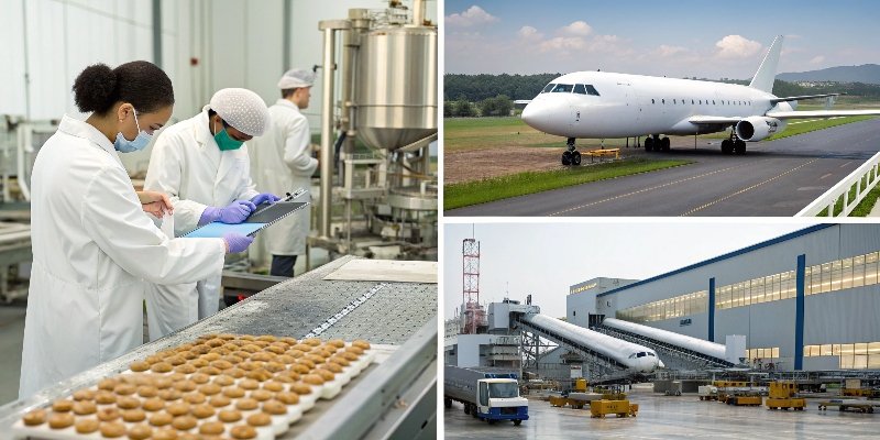 A montage of different industries, including a pharmaceutical lab, an aerospace factory, and a food processing plant