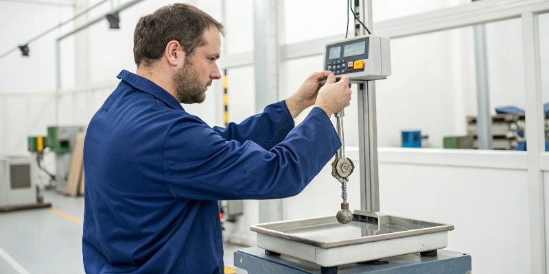 Technician calibrating a digital industrial scale