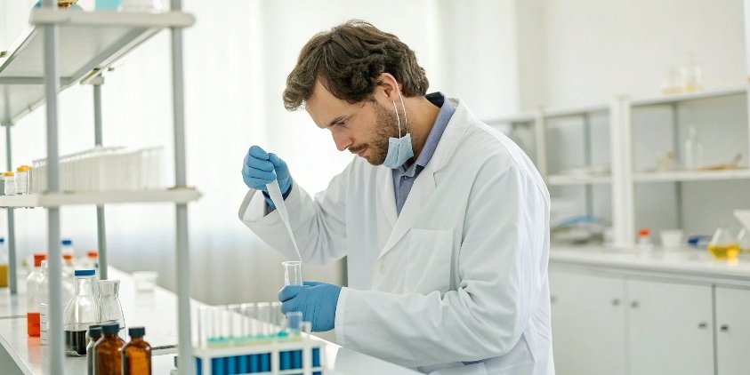 Certificate of Analysis Process A laboratory technician analyzing a material sample for a Certificate of Analysis