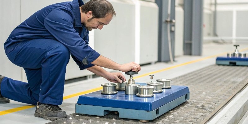 Calibration vs. Zeroing A technician placing certified calibration weights on a platform scale for testing