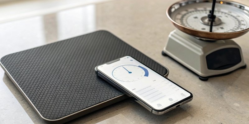 Phone vs. Professional Scale A phone with a scale app showing an inaccurate reading next to a professional bench scale showing a precise weight.