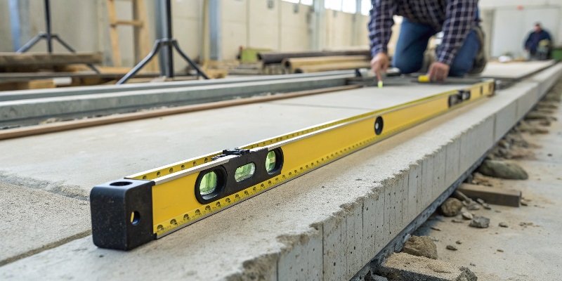 An industrial scale being set up on a level surface with a spirit level.