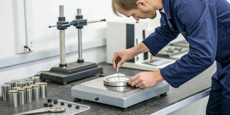 Troubleshooting Scale Calibration A person carefully placing a certified standard weight on an industrial scale