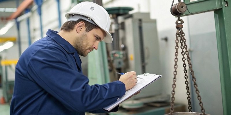 A technician following a checklist while inspecting an industrial scale.