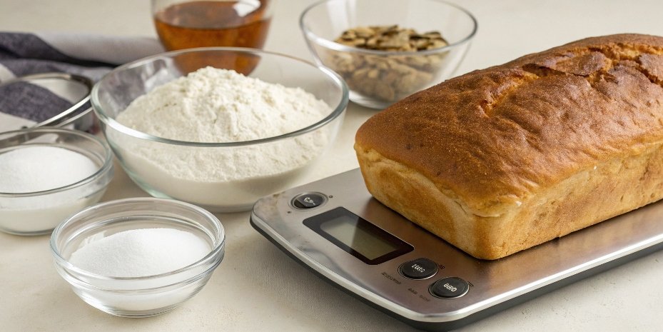 Advantages of Using a Kitchen Scale for Baking A perfectly baked loaf of bread next to a digital kitchen scale and ingredients