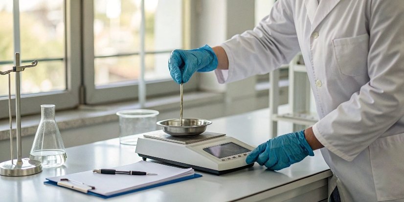 Performing a Repeatability Test A lab technician carefully placing a test weight on a digital scale with a notepad nearby.