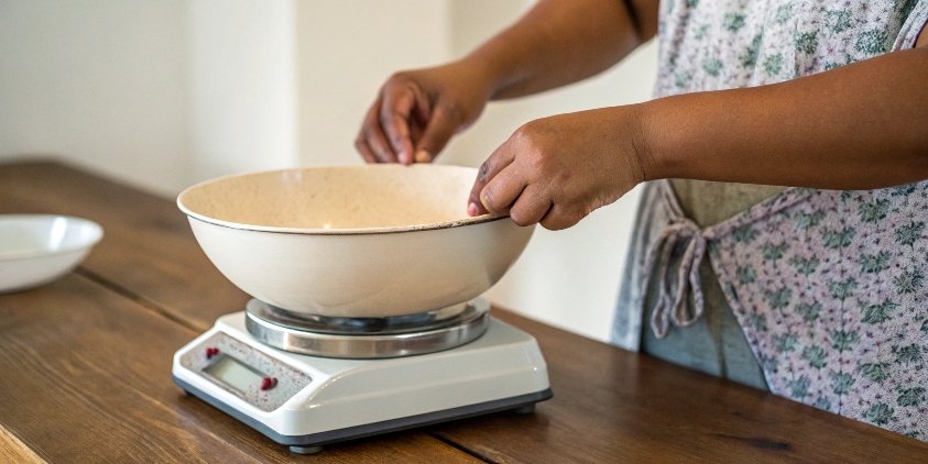 Using the Tare Button Correctly A person pressing the Tare button on a scale with a bowl on it