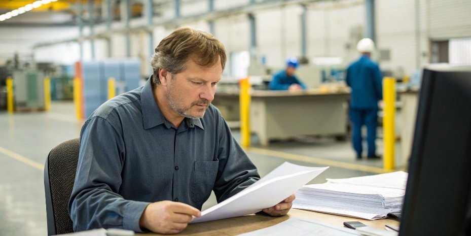 Product Risk Assessment A quality control manager reviewing production logs with a concerned look