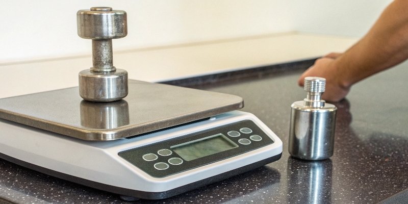 Testing Scale Accuracy with a Calibration Weight A calibration weight being placed on a digital bench scale.