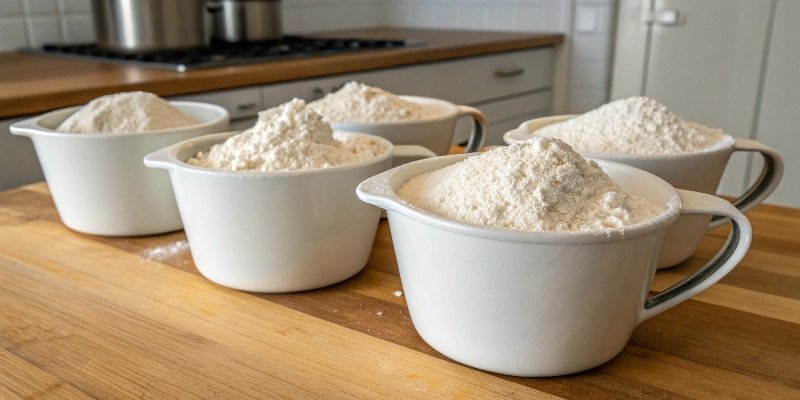 Four measuring cups filled with flour on a kitchen counter.