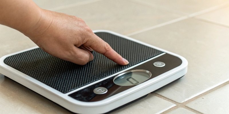 How to Reset a Digital Scale A finger pressing the power button on a digital scale.