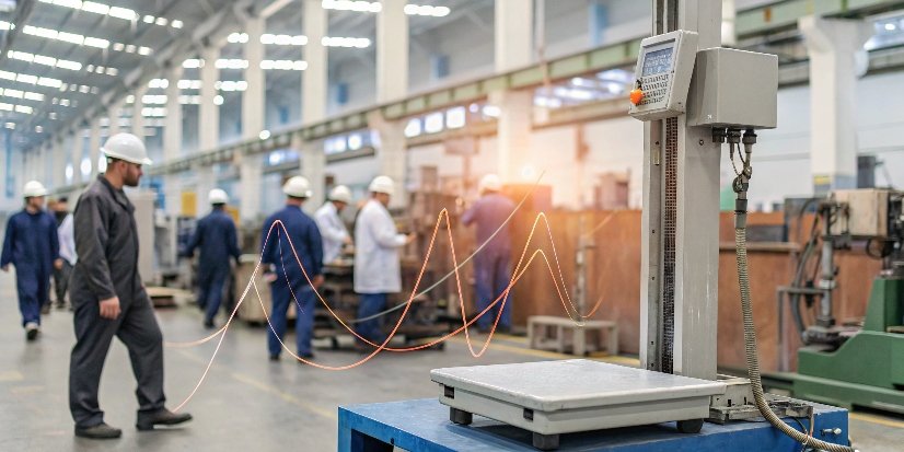 Factors Affecting Scale Accuracy A high-resolution lab scale in a busy industrial environment with temperature fluctuations and vibrations shown with graphic overlays.