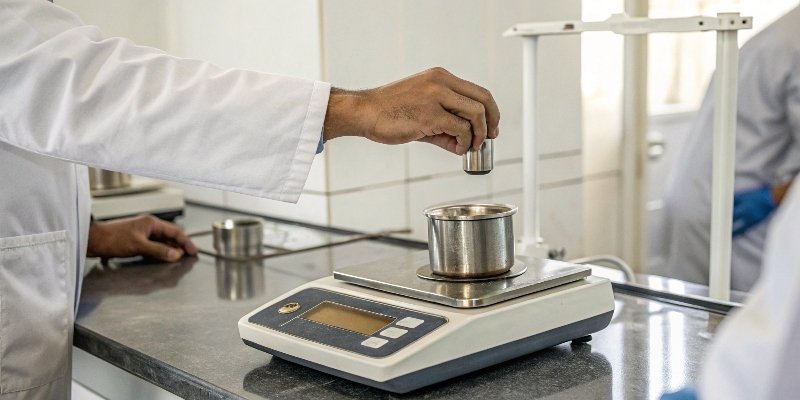 A technician placing a certified calibration weight on a digital scale