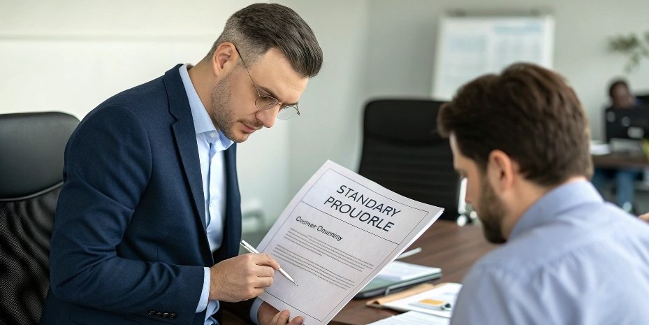 Compliance and Quality Audits An auditor reviewing a documented SOP for scale calibration with a quality manager