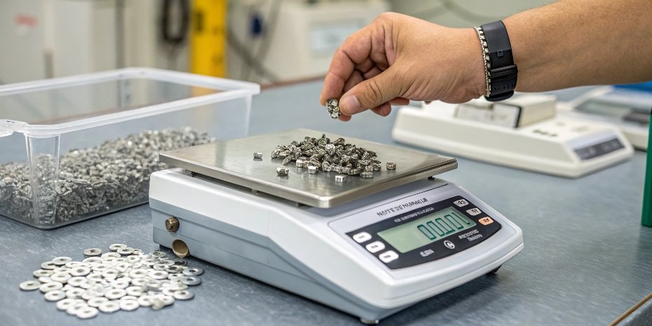 Creating a 100-Piece Sample Hand placing a small part onto a counting scale that already has a pile of 99 other identical parts for a 100-piece sample.