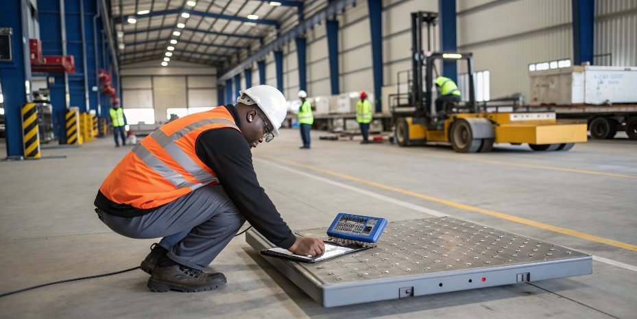 On-Site Calibration Service A technician performing an on-site calibration of an industrial floor scale