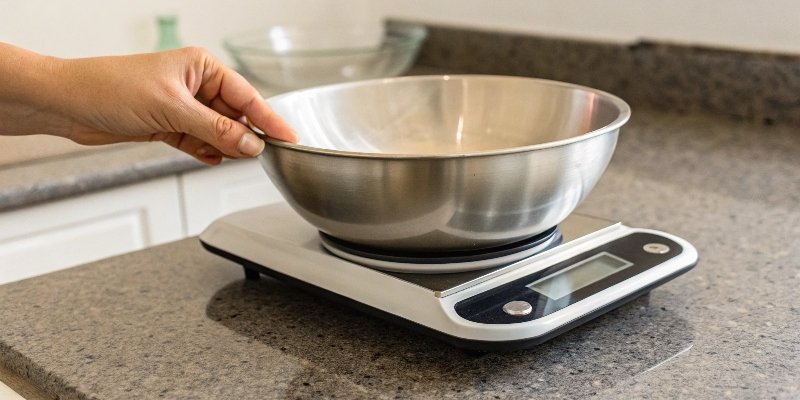 Scale User Mistakes A finger pressing the 'Tare' button on a kitchen scale with a bowl on it.