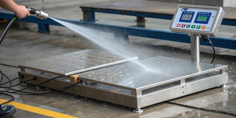 A stainless steel pallet scale with water being sprayed on it to show its IP rating