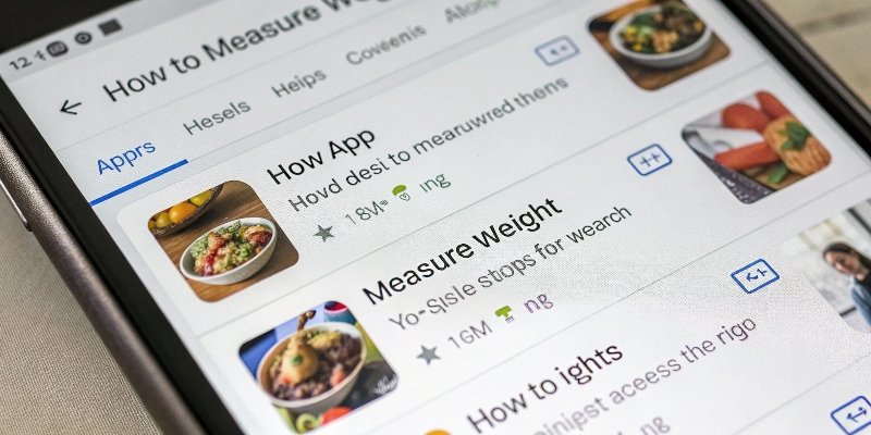 Google Search for Weighing A screenshot of a Google search results page for "how to measure weight," showing various apps and articles.
