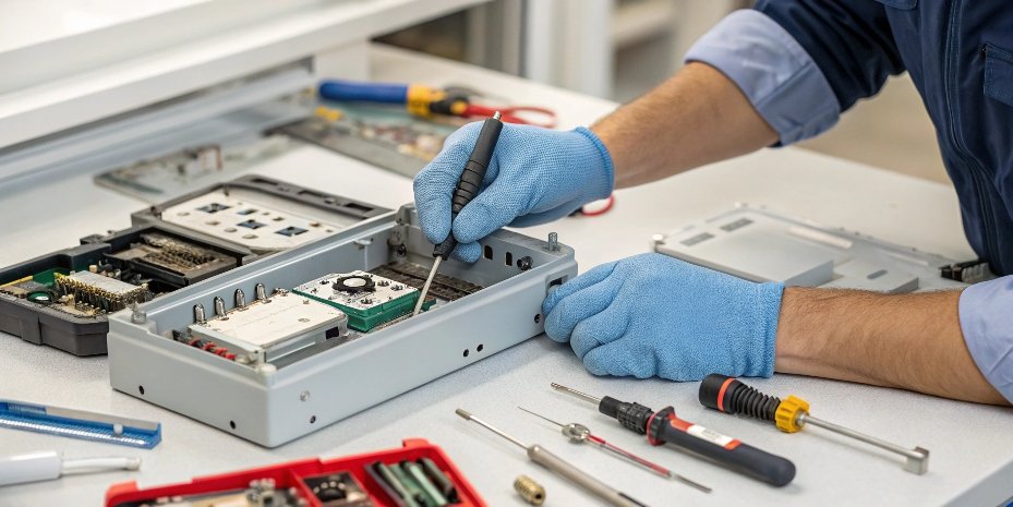 Scale Repair and Maintenance A technician's hands working on the internal components of an industrial scale