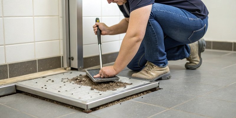 Mechanical Scale Issues A person cleaning debris from under a floor scale