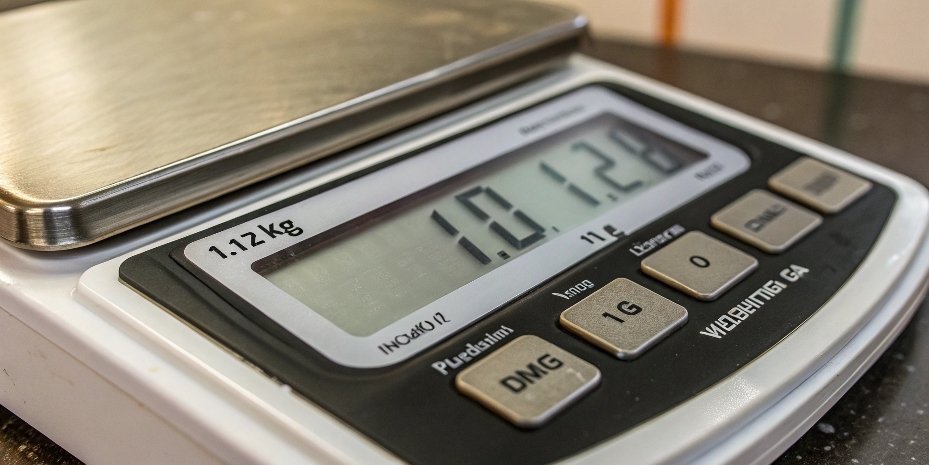 A scale's precision showing 0.1 g increments A close-up of a scale's display showing an increment from 1.1 g to 1.2 g