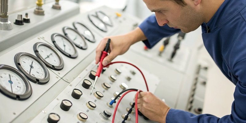 A close-up shot of a technician making a fine adjustment on a complex piece of test equipment.