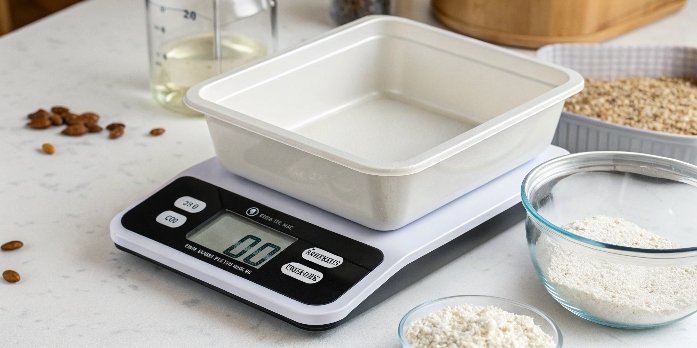 Weighing Net Weight in a Container A scale showing zero with a container on it, ready for filling