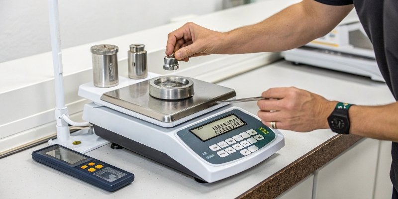 Scale Calibration Process A person placing a certified calibration weight on a digital scale