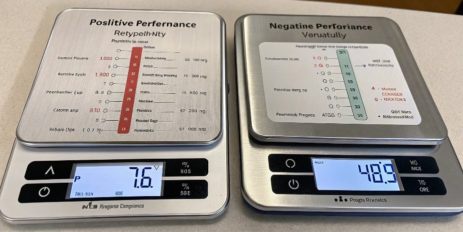 Comparing Two Scales Two scales side-by-side with comparison charts showing positive and negative performance data.