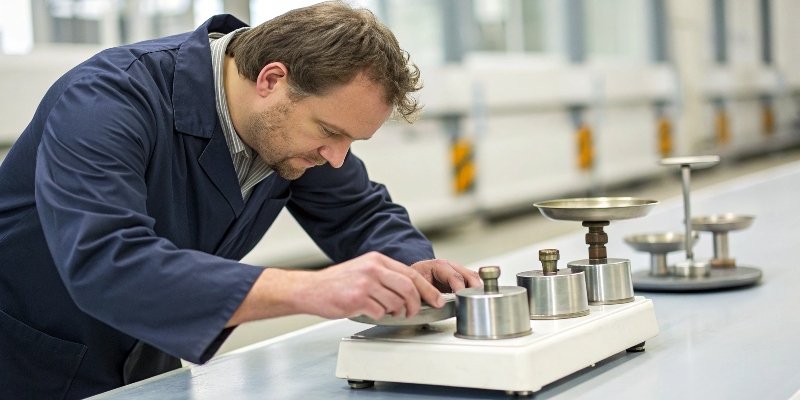 Testing a Scale for True Accuracy A quality control expert methodically placing different certified test weights on a platform scale.