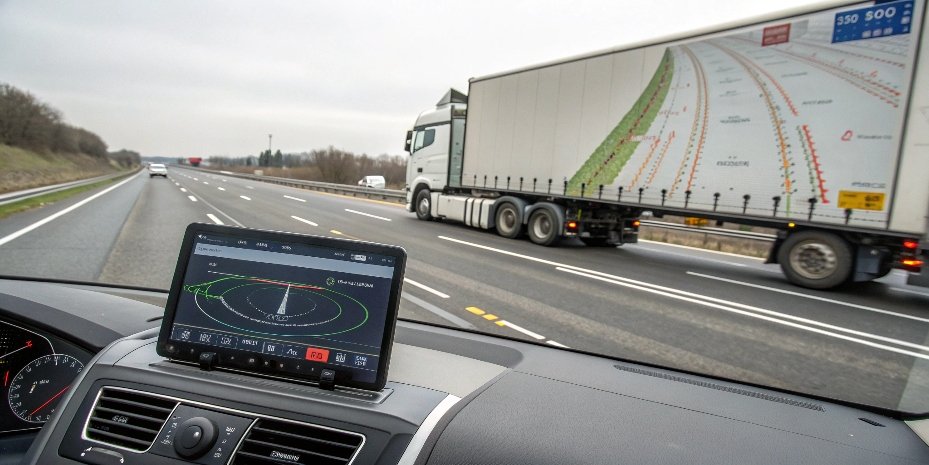 An illustration of a truck driving over in-road sensors with data streaming to a computer