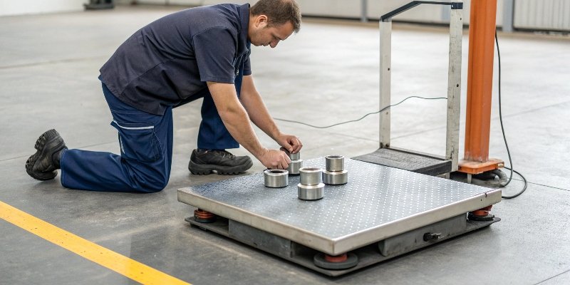 A technician placing certified calibration weights on an industrial floor scale