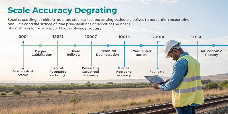 Accuracy Over Time A timeline graphic showing a scale's accuracy degrading over time and being restored by periodic calibration.
