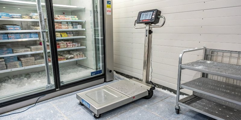 Industrial Scale Working in Cold Storage A heavy-duty industrial platform scale operating correctly inside a walk-in freezer