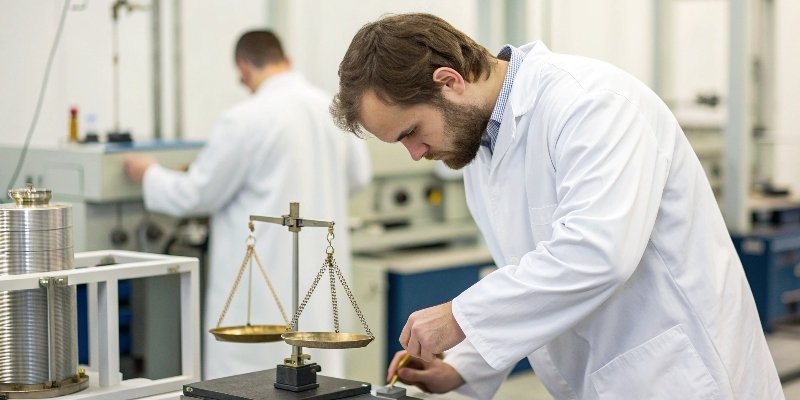 In-House Checks vs Formal Calibration A technician in a lab coat performing a routine check on a scale with a small weight, contrasted with a full calibration lab in the background.