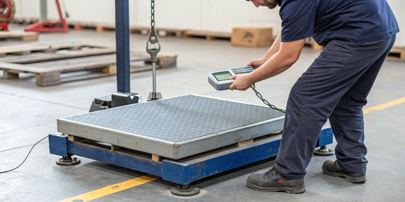 How to Determine Scale Accuracy A technician placing a certified calibration weight on an industrial platform scale.