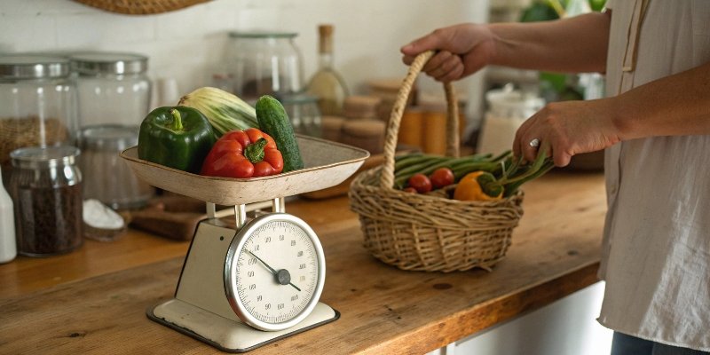 Person weighing vegetables on a simple analog kitchen scale