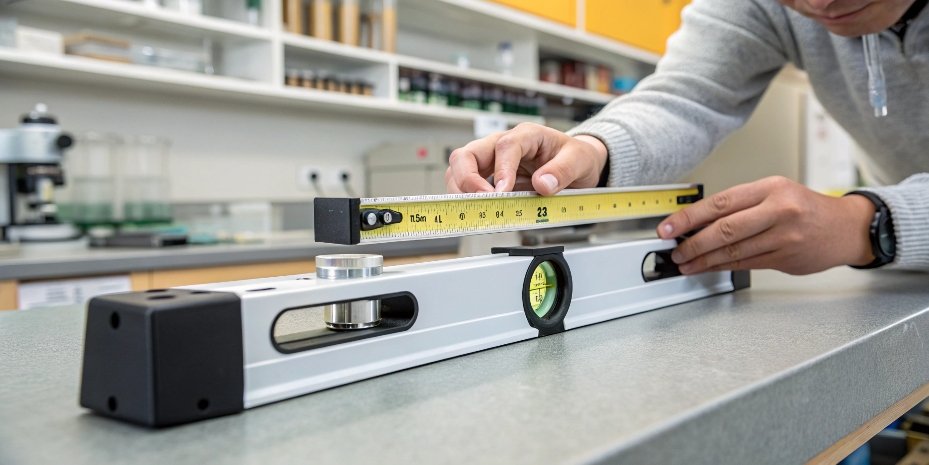 Improving Scale Precision A person using a small spirit level to check if a laboratory scale is perfectly flat.