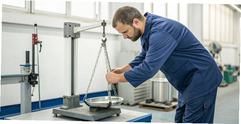 Calibration vs. Certification A technician calibrating an industrial scale with certified weights