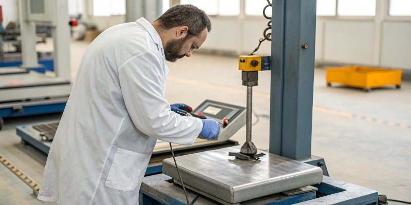 Professional Scale Servicing A technician in a lab coat servicing an industrial scale with specialized tools
